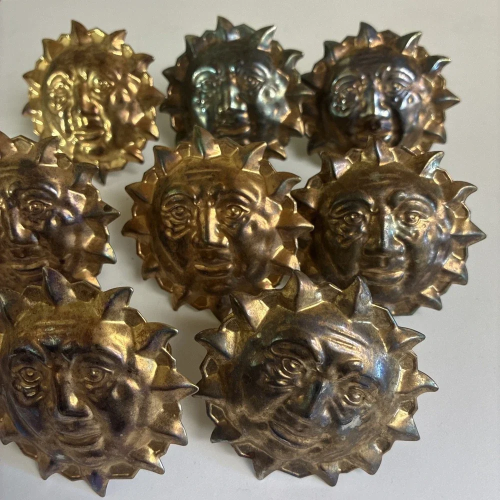 Napkin Rings Celestial Sun Face Brass‎ Tone Metal Set Of 8 Vintage